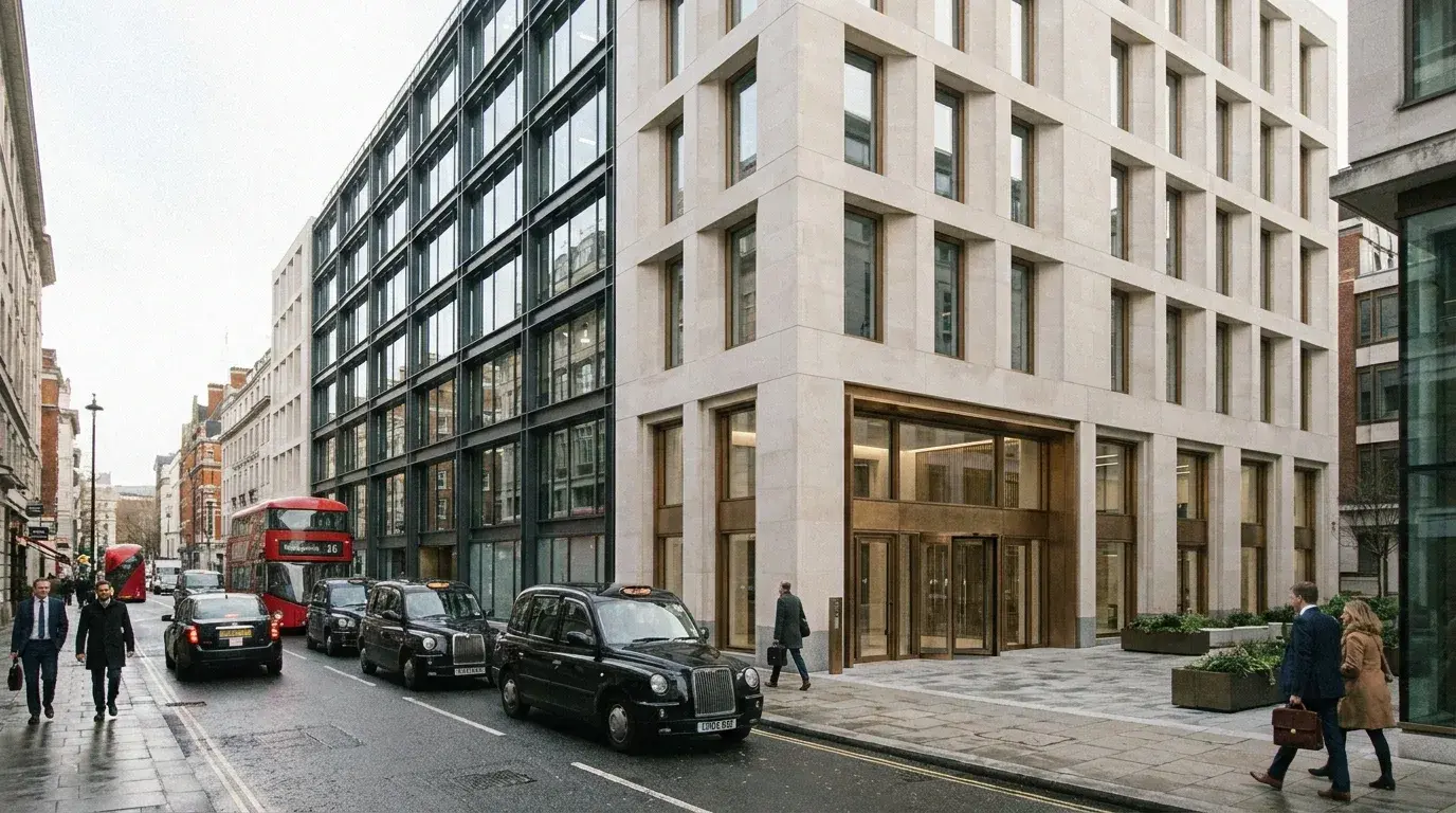 Street-scene photomontage of a Portland-stone replacement facade for a St James's office retrofit in Westminster.
