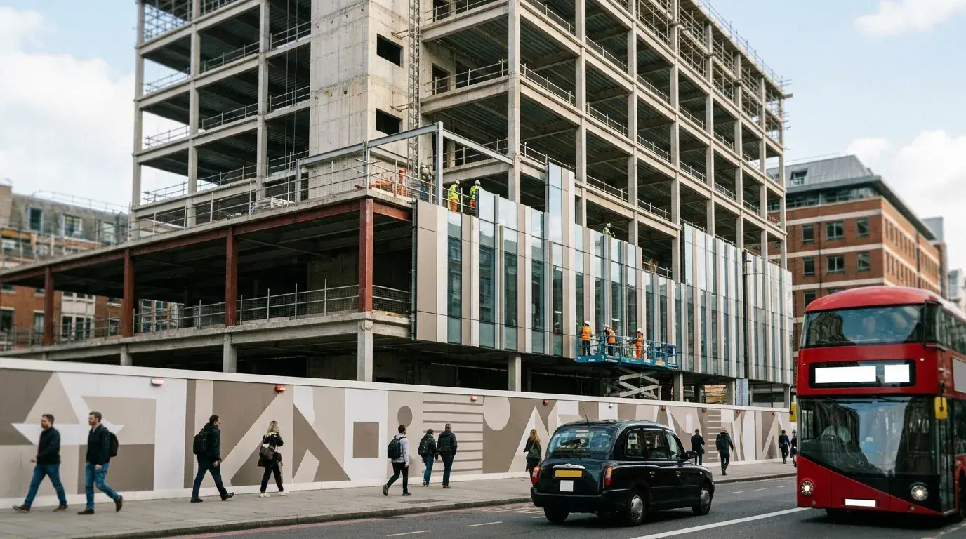 Construction-phase photomontage of a Victoria office-retrofit site in Westminster showing new facade mid-implementation