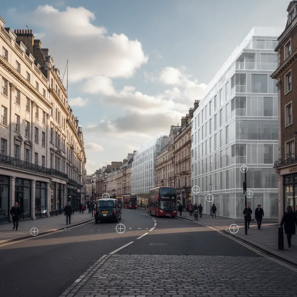 Annotated Westminster planning view with proposed-massing zone and viewpoint markers