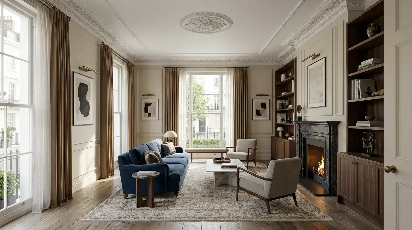 Premium interior CGI for a Belgravia mansion-block reception in Westminster