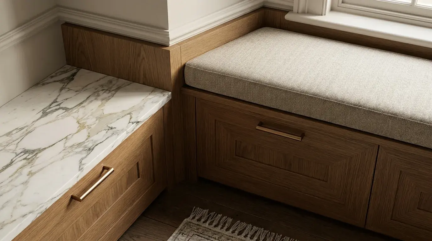 Photoreal material study close-up of Mayfair townhouse refurbishment materials with walnut joinery, marble veining, bronze ironmongery, plaster detail and fabric texture.