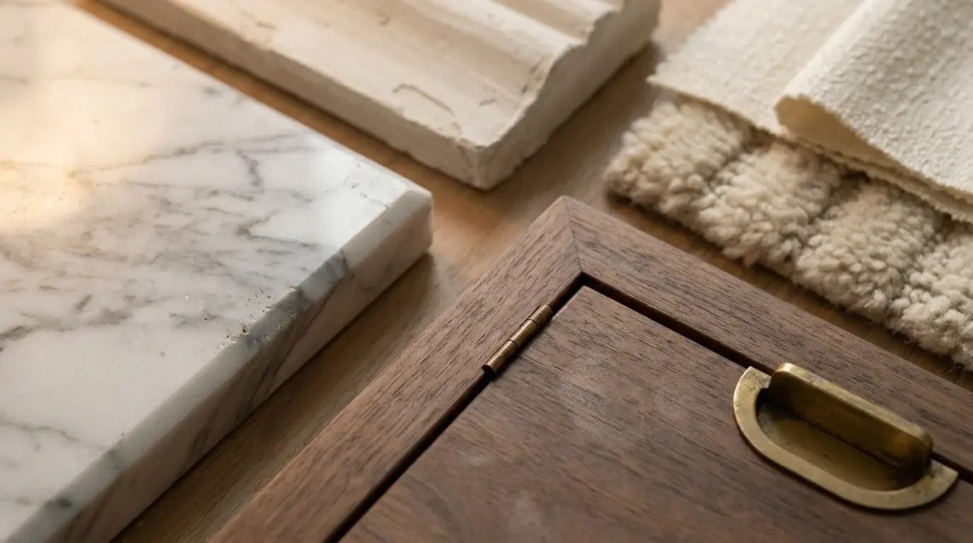 Ultra-macro materiality study for a prime residential townhouse visualisation, showing marble edge detail, walnut veneer, brass ironmongery, plaster moulding and textile textures.