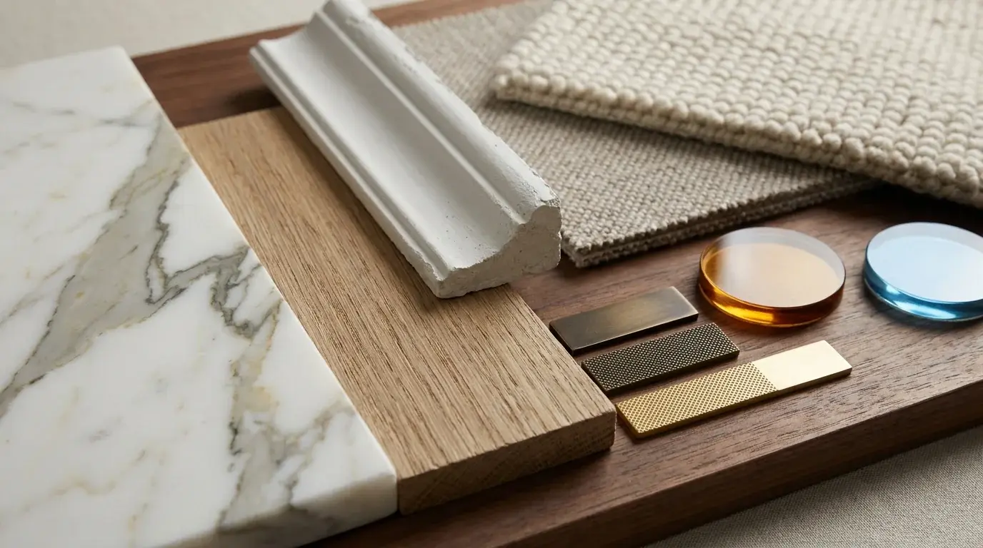 Macro materiality study for a Belgravia and Mayfair townhouse interior visualisation, showing marble, timber veneer, bronze ironmongery, plaster and fabric finishes.