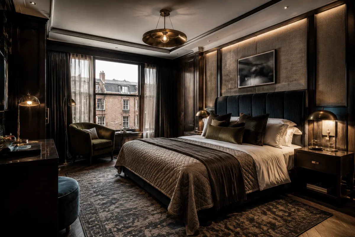 Suite interior, supporting view. Luxury suite composition with FF&E, textiles and lighting tuned for guest comfort and the feel of the room.