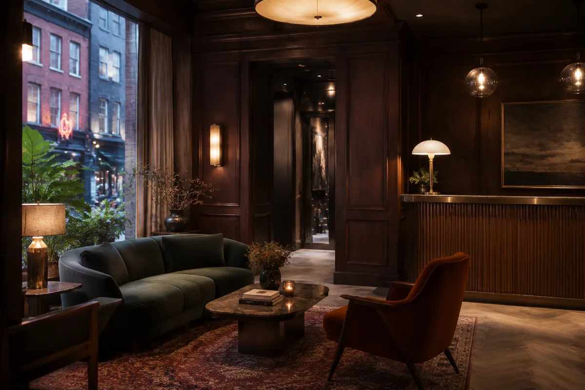 Soho boutique hotel lobby CGI in Westminster