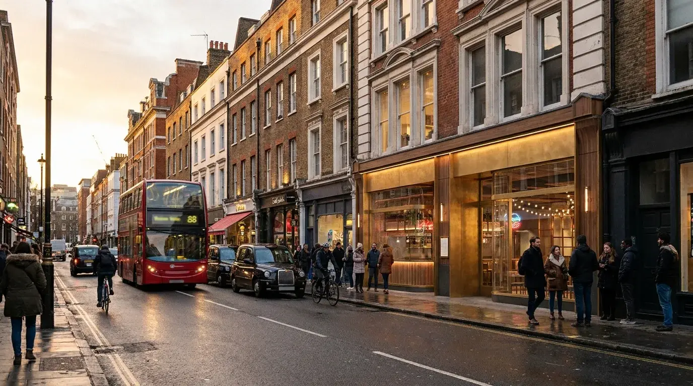 Soho hospitality frontage CGI with boutique hotel entrance and street-life context