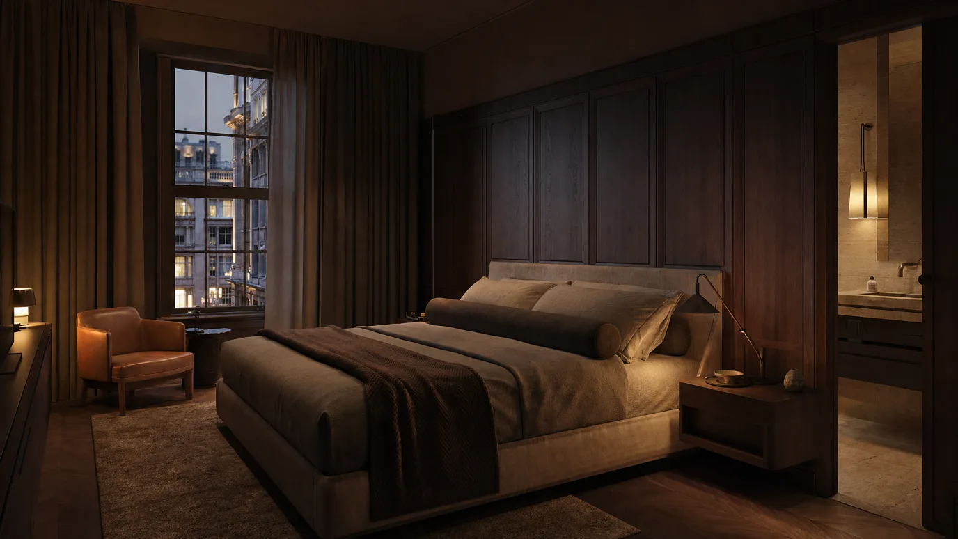 Soho boutique hotel luxury suite interior CGI, intimate cinematic atmosphere, headboard wall, walnut joinery, bedside lamp glow, deep shadows, evening light