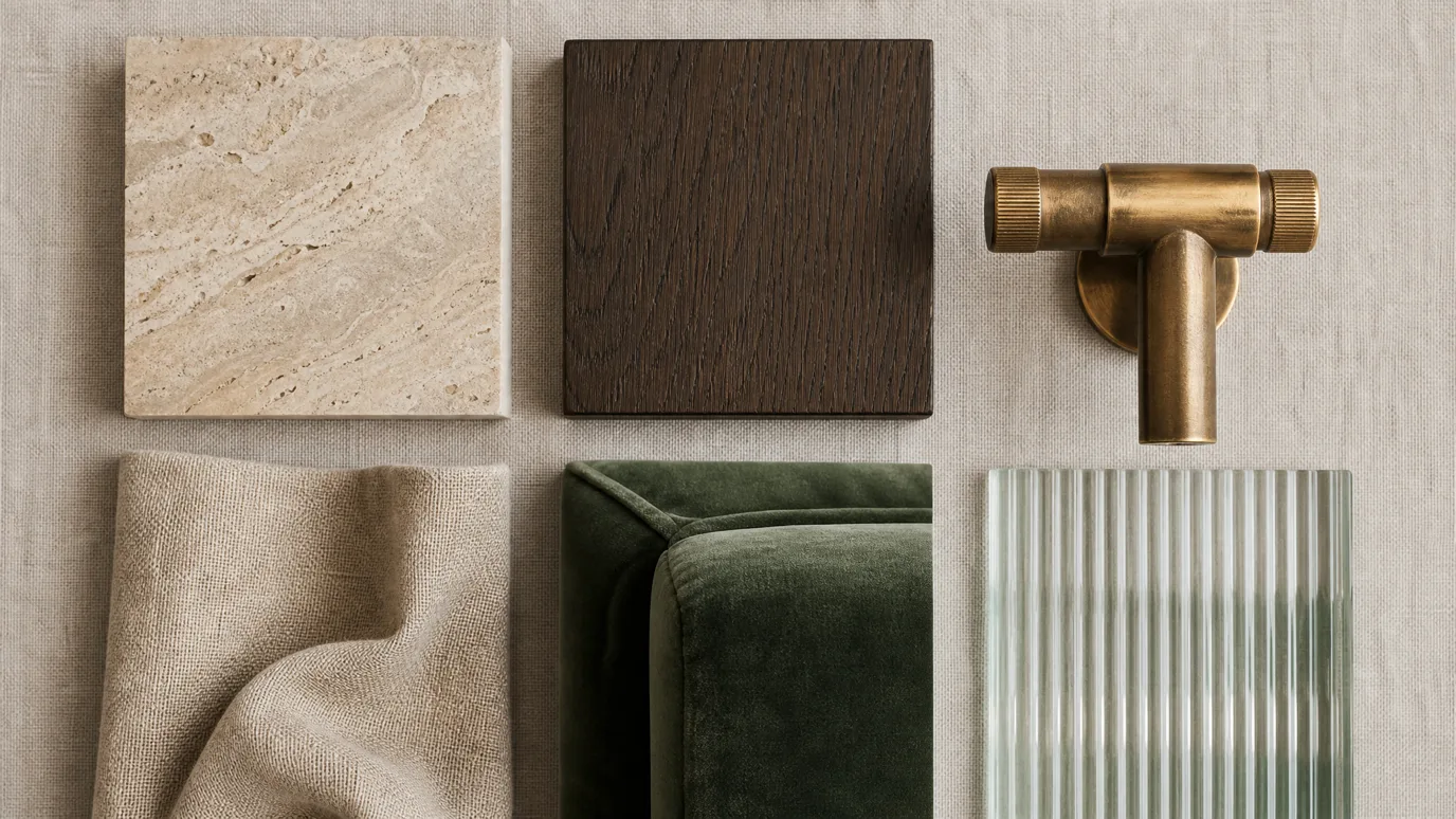 Materials mood board for the Soho boutique hotel, six-tile grid showing travertine swatch, smoked oak board, brushed brass detail, linen drape, velvet upholstery and reeded glass macro on a neutral background