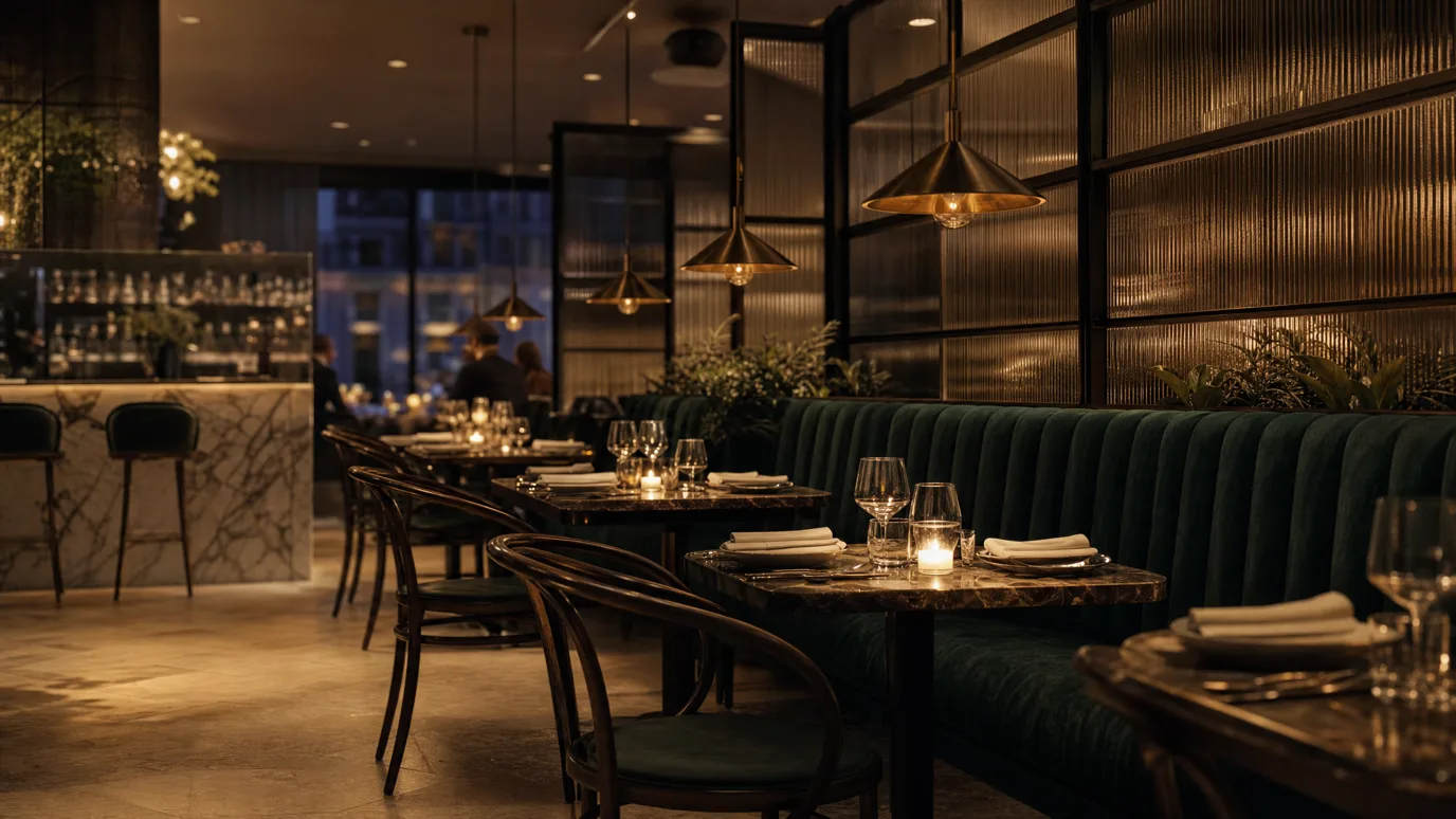 Soho boutique hotel restaurant interior CGI at guest-eye height, banquette seating, brass pendant lighting, marble bar in distance, evening atmosphere