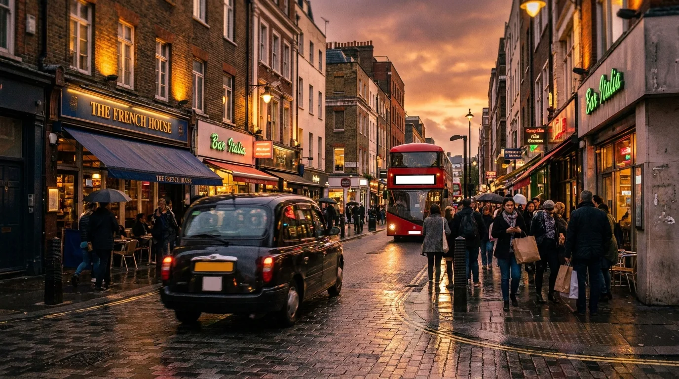 Soho streetscape at golden hour, London W1, neon storefronts and pedestrians establishing the West End hospitality context