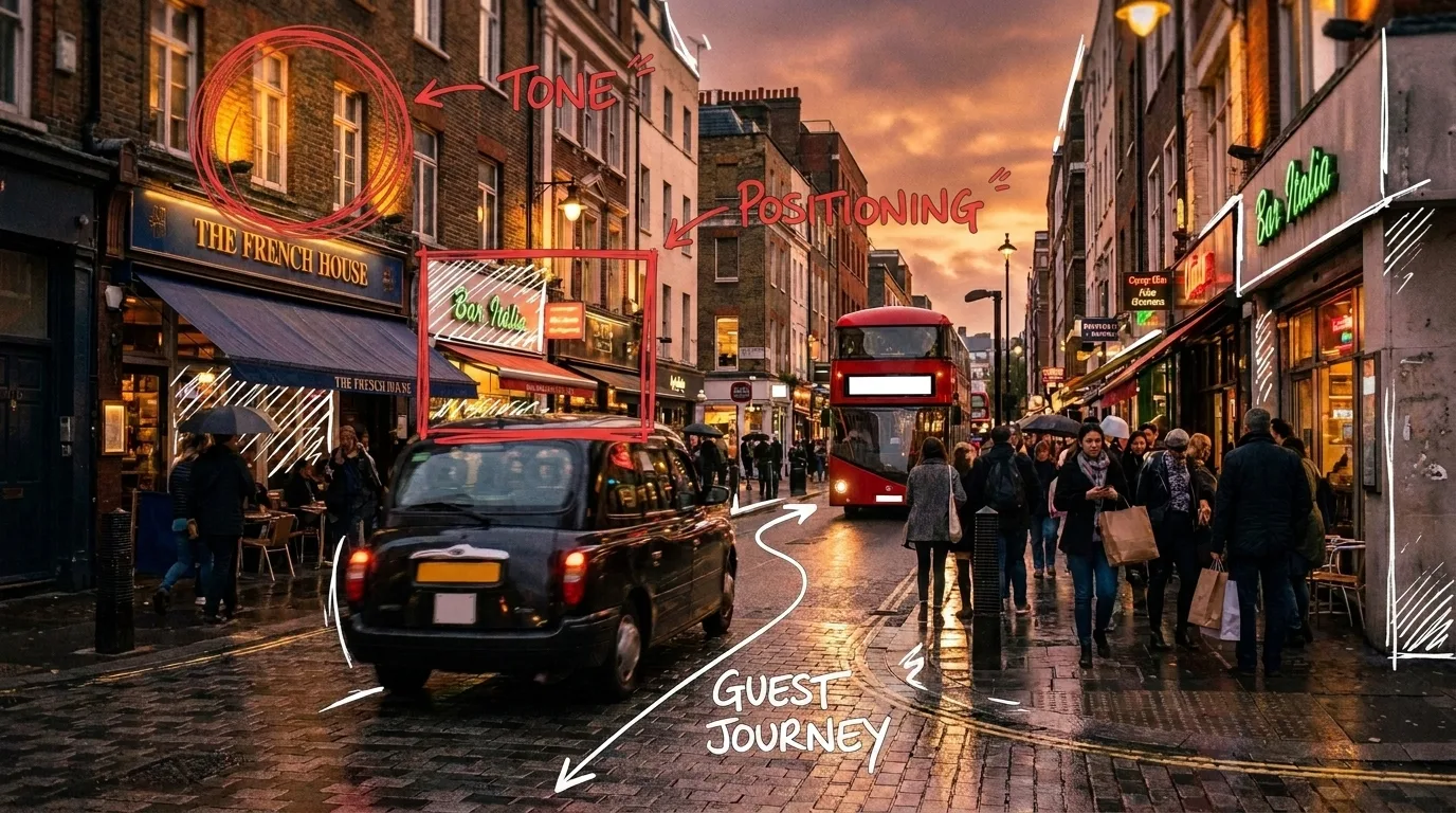 The Soho streetscape reference annotated with hand-drawn architectural scribbles, arrows and callouts marking guest journey, tone and positioning decisions