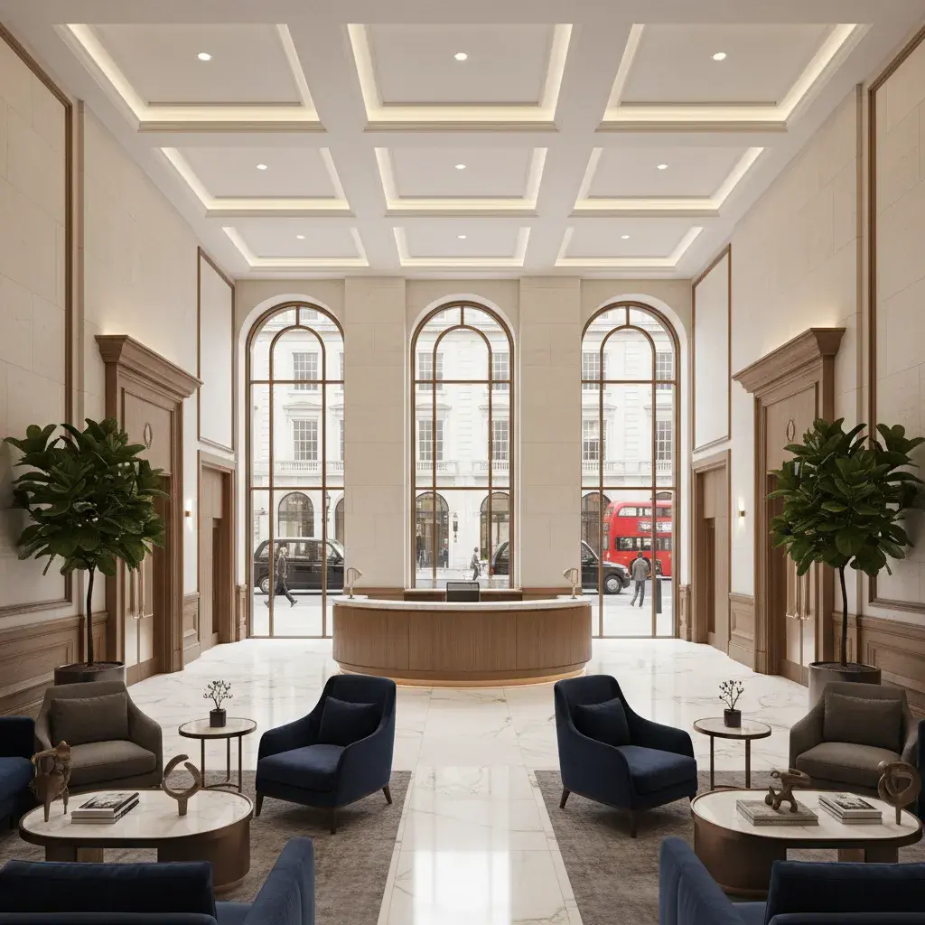 Premium St James’s office lobby interior CGI for Westminster commercial brief