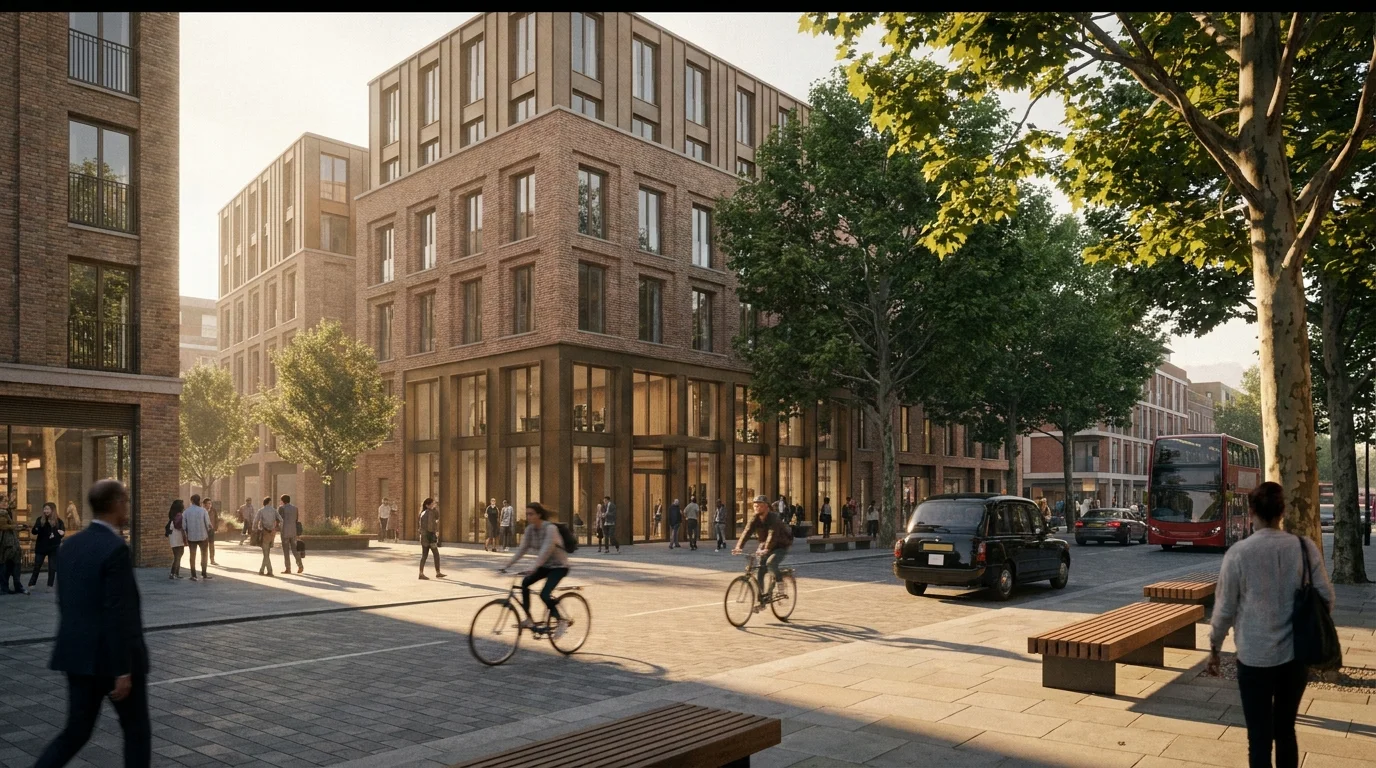 Cinematic still from a 3D architectural animation flythrough of the White City innovation hub, west London, at golden hour