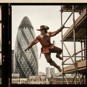 The Sentinel in The Gherkin Vault, on scaffolding beside the Gherkin tower