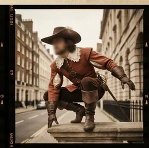 The Sentinel in The Mayfair Parapet, on a stucco facade ledge
