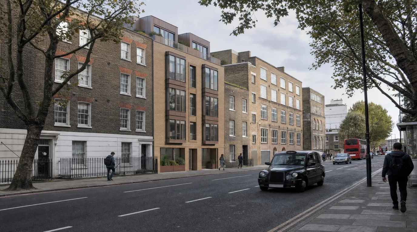 Baseline and AVR Level 2 proposed view pair for a London TVIA showing existing Southwark streetscape alongside photomontage of the proposed scheme