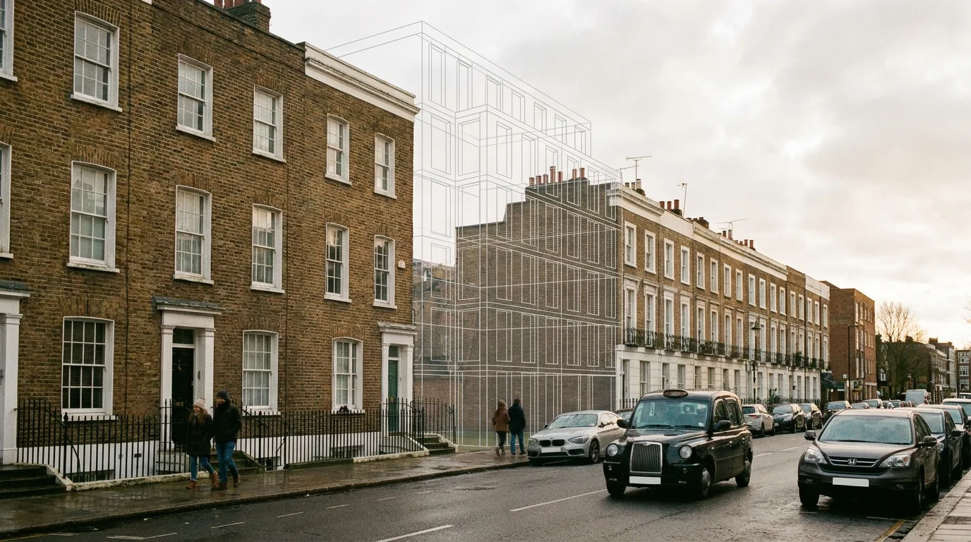 AVR Level 0 wireline overlay on a London baseline photograph, showing the wireframe of a proposed residential building positioned over a Camden conservation area streetscape, used at pre-application stage to verify massing and position before the AVR Level 2 photomontage is produced