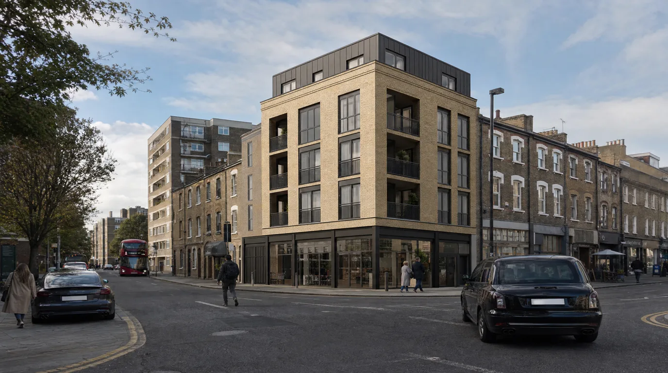 AVR Level 2 realistic photomontage for a London TVIA planning submission, showing a proposed mixed-use building composited into an existing Tower Hamlets streetscape