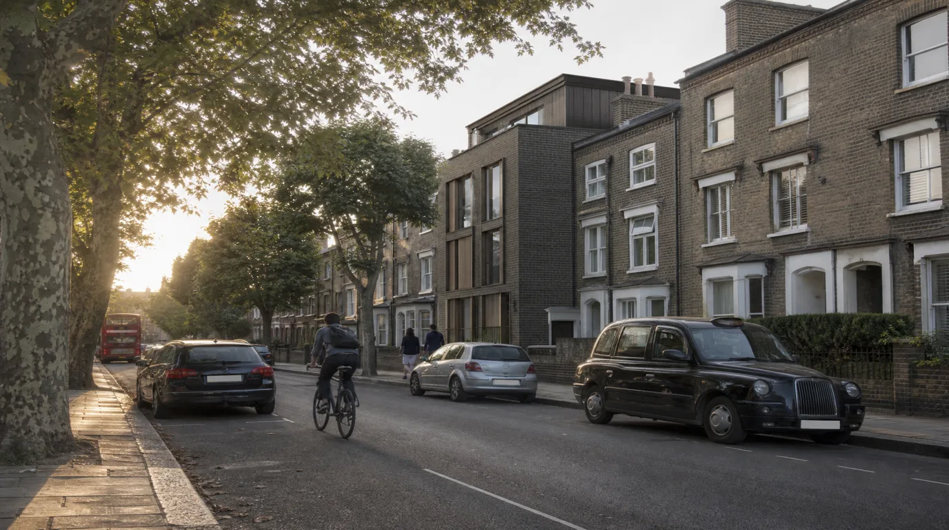 AVR Level 2 realistic photomontage for a London TVIA planning submission, showing a proposed residential building composited into an existing Hackney streetscape