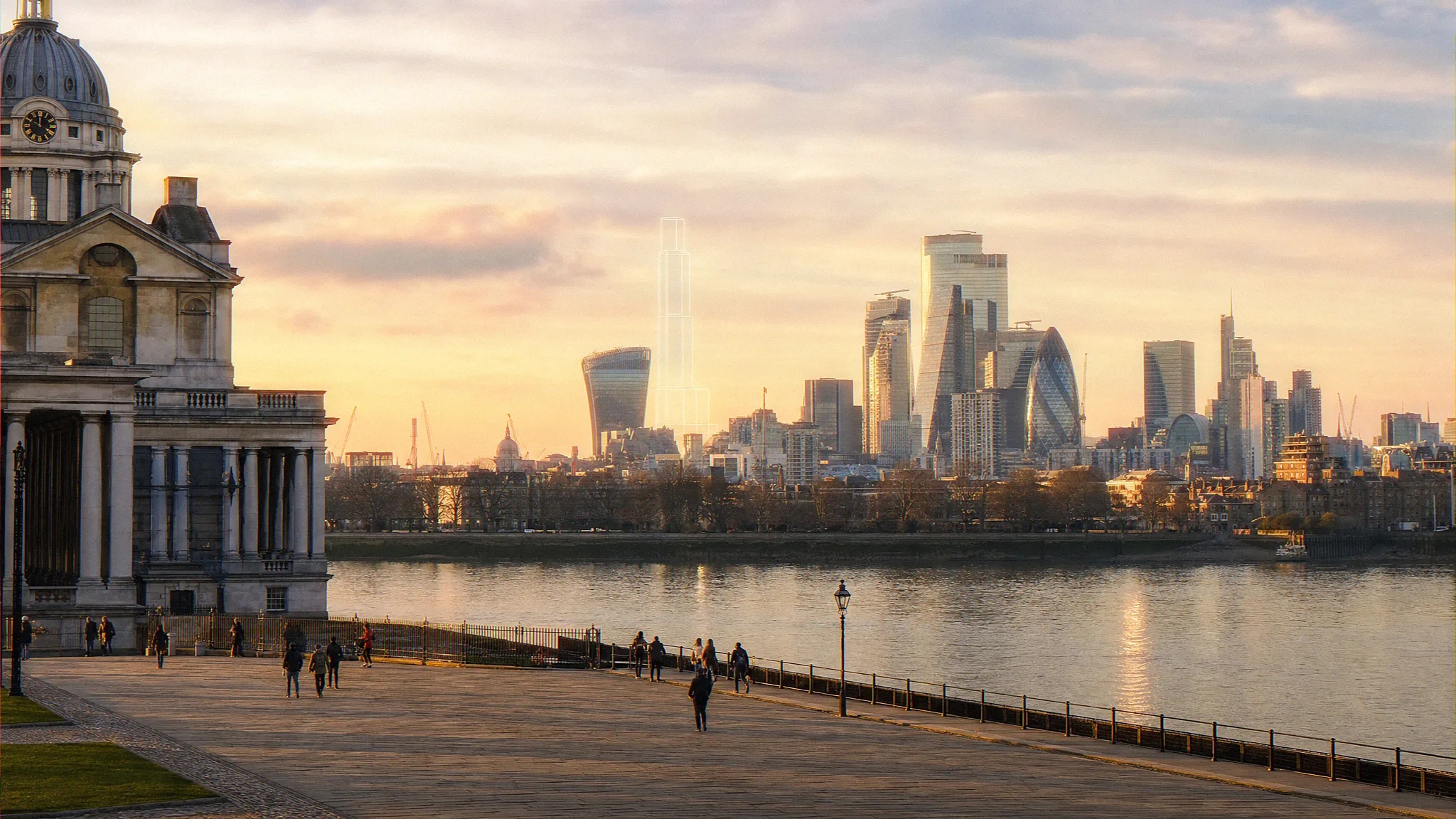LVMF strategic view from the Greenwich World Heritage Site across the Thames to the City of London skyline with a CGI wireframe massing test inserted in the middle distance, illustrating an AVR Level 3 sightline assessment used as TVIA evidence