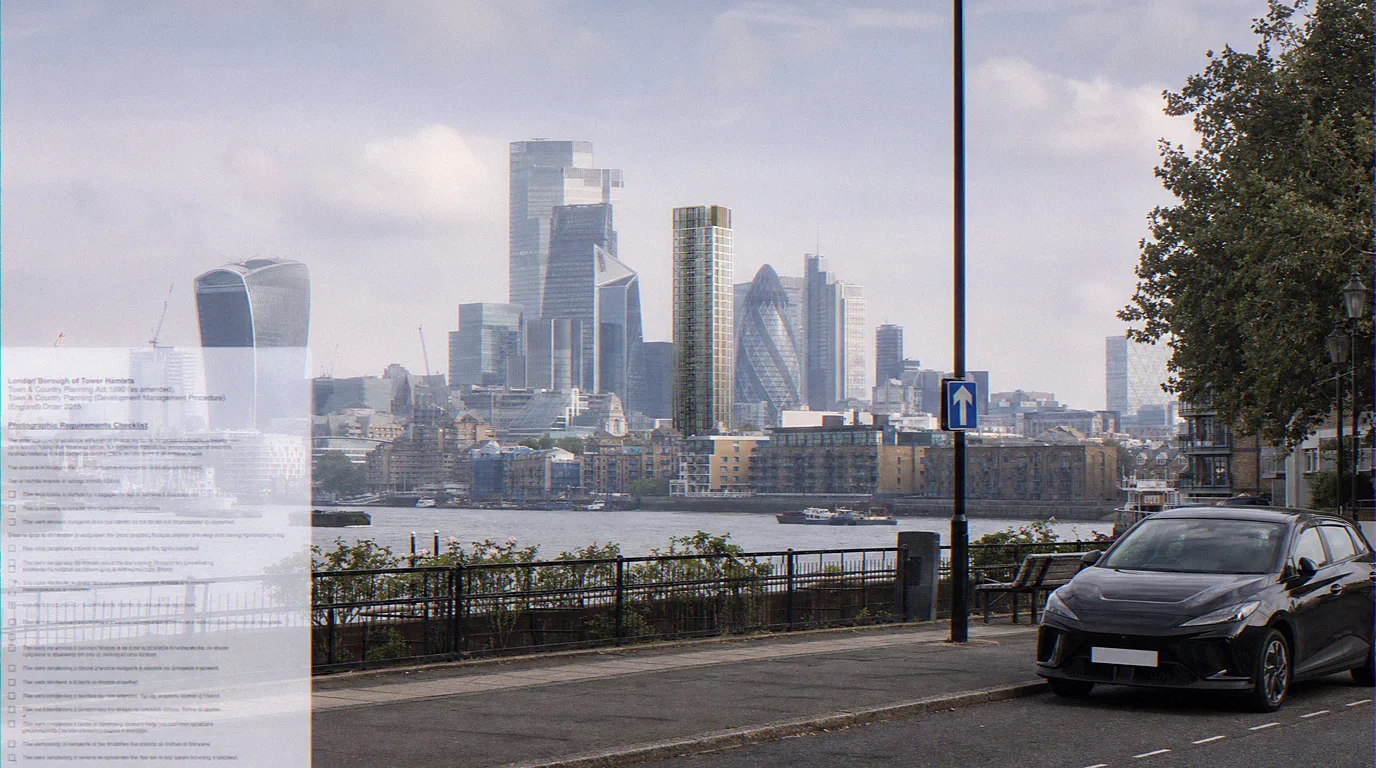 AVR Level 3 LVMF strategic view across the Thames toward the City of London skyline with a CGI insertion of a proposed tall building in the middle distance, paired with a faint planning validation document overlay in the lower left, illustrating Tower Hamlets borough TGN 06/19 and AVR level requirements