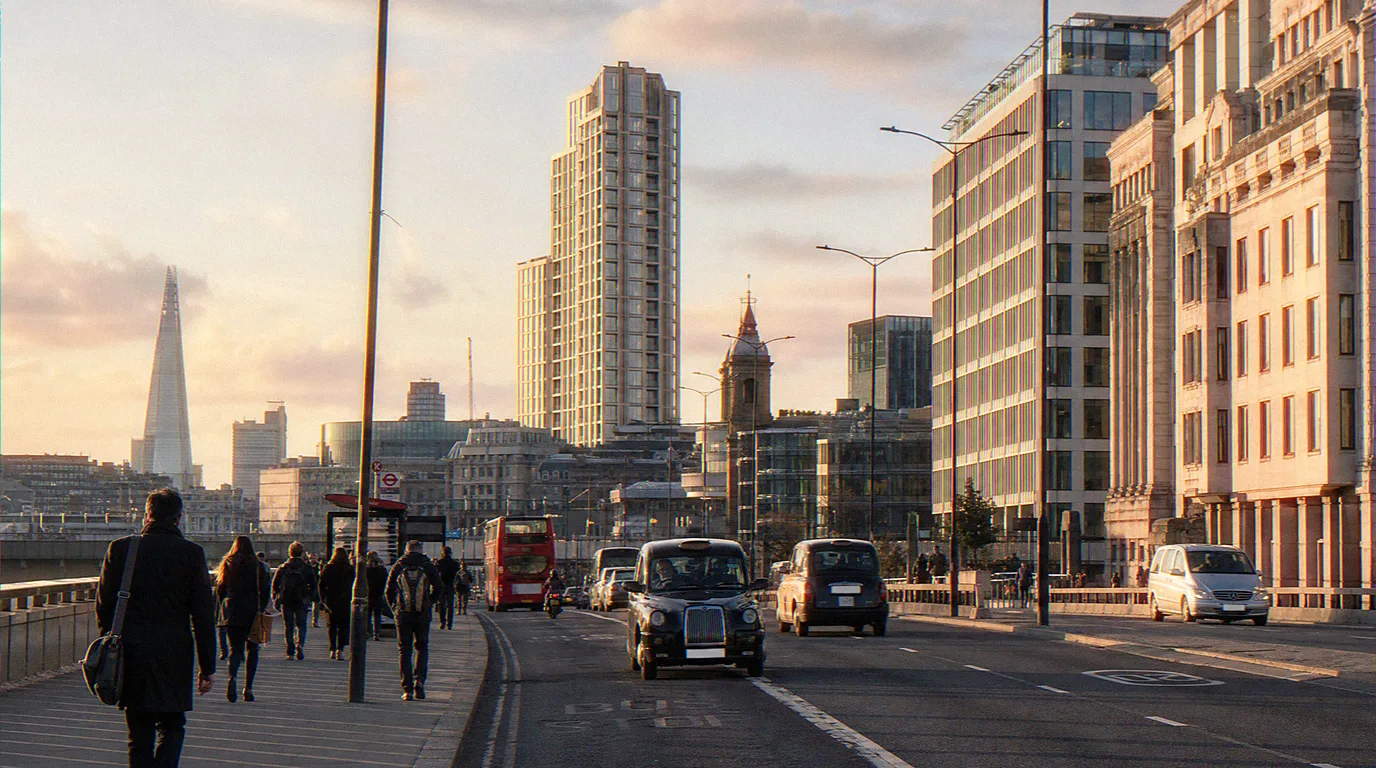 AVR Level 2 to 3 photomontage of a tall residential building above the borough threshold composited into a London streetscape with an LVMF strategic-view corridor visible across the Thames in the background, illustrating two TVIA trigger conditions active at once