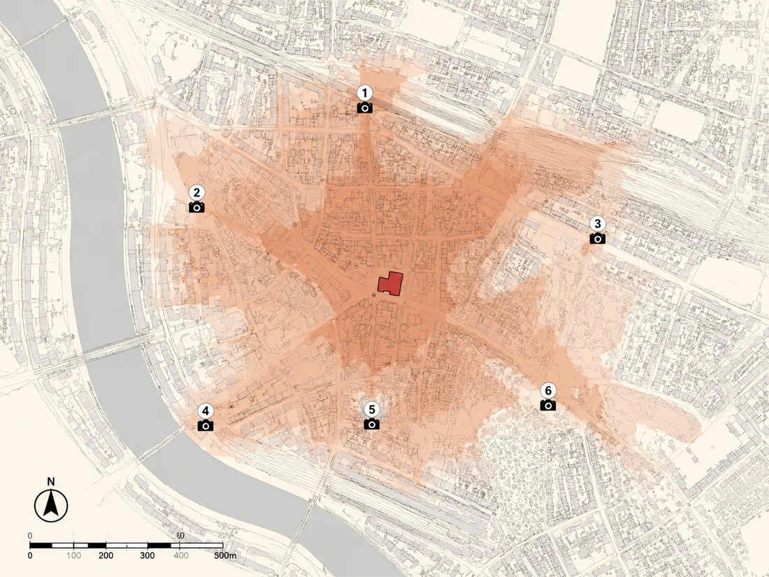 Zone of Theoretical Visibility plan diagram for a London TVIA, showing the visible envelope spreading outward from a small red building footprint with six numbered viewpoint markers placed around the visible area, a north arrow and a scale bar